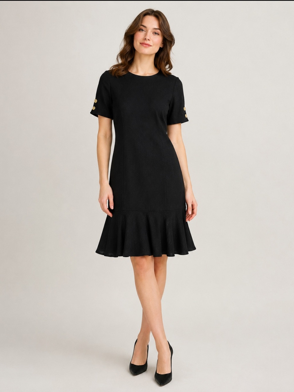 Vintage Oleg Cassini Black Drop Waist Ruffle Hem Dress Size 16 Gold Buttons